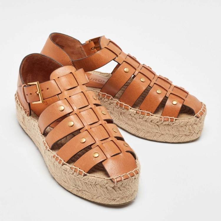 Pre Owned Tory Burch Brown Leather Espadrille Sandals Size 35.5