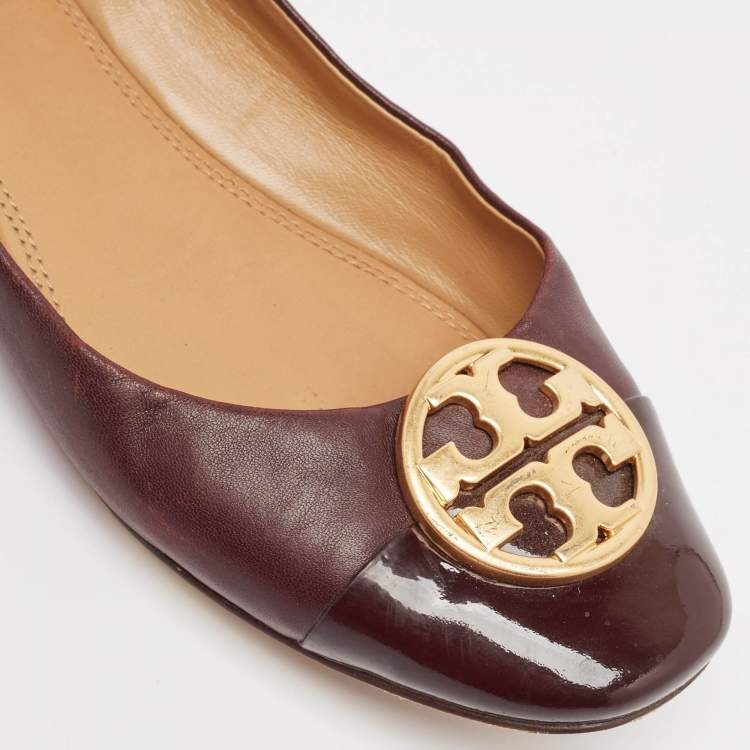 Pre Owned Tory Burch Burgundy Leather and Patent Cap Toe Chelsea Ballet Flats Size 40