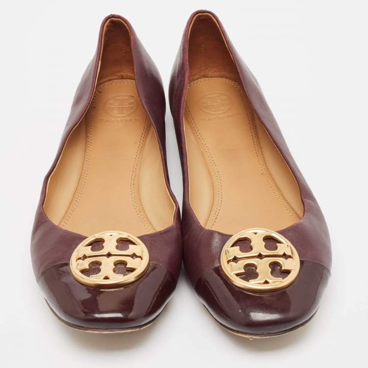 Pre Owned Tory Burch Burgundy Leather and Patent Cap Toe Chelsea Ballet Flats Size 40