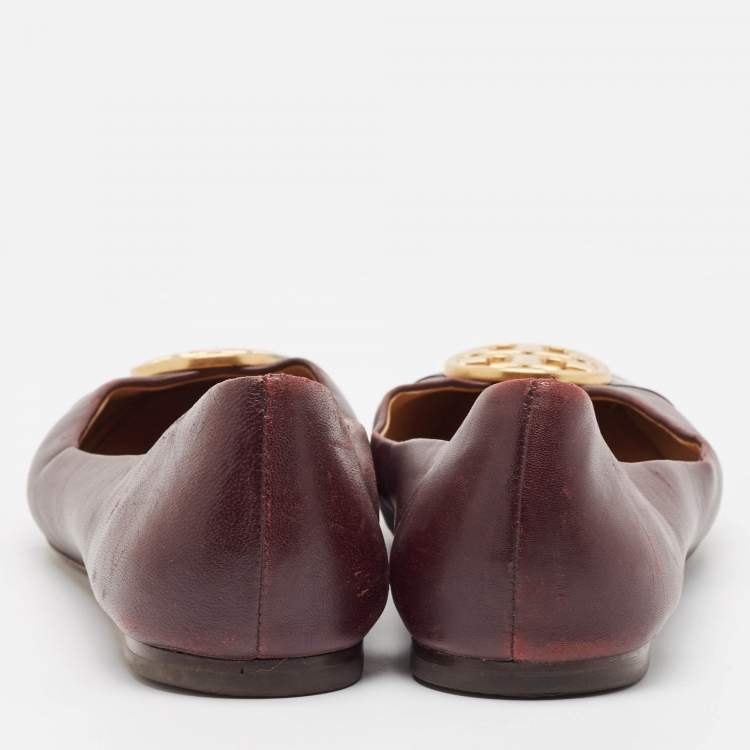 Pre Owned Tory Burch Burgundy Leather and Patent Cap Toe Chelsea Ballet Flats Size 40