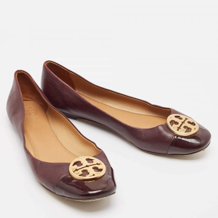 Pre Owned Tory Burch Burgundy Leather and Patent Cap Toe Chelsea Ballet Flats Size 40