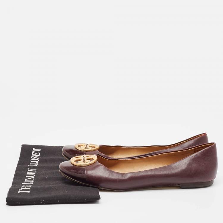 Pre Owned Tory Burch Burgundy Leather and Patent Cap Toe Chelsea Ballet Flats Size 40