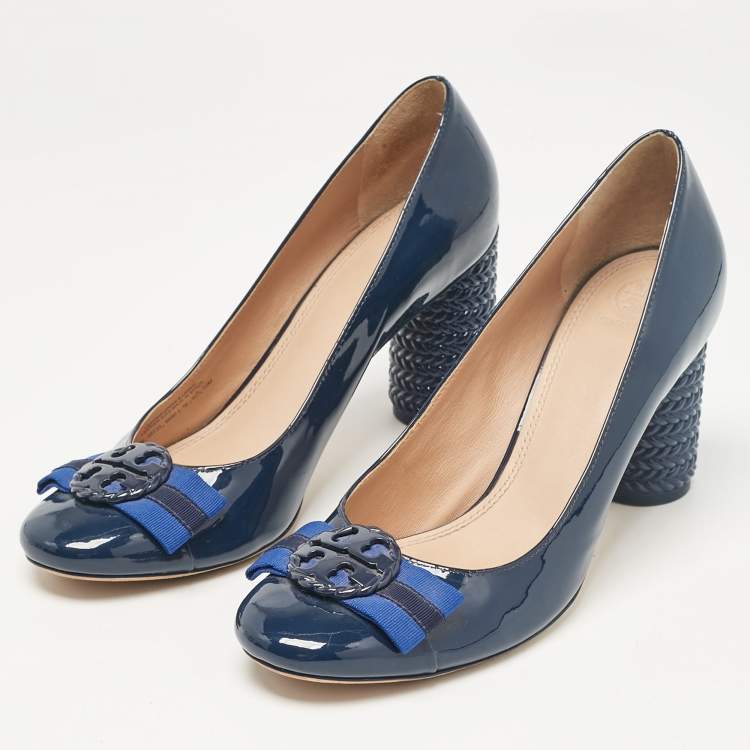 Pre Owned Tory Burch Blue Patent Leather Janey Block Heel Pumps Size 40