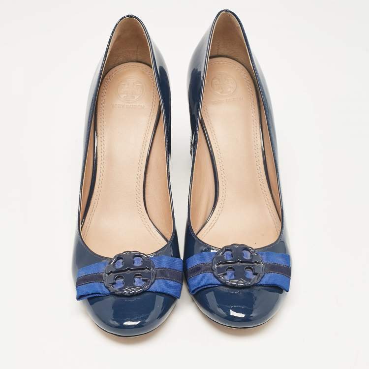 Pre Owned Tory Burch Blue Patent Leather Janey Block Heel Pumps Size 40
