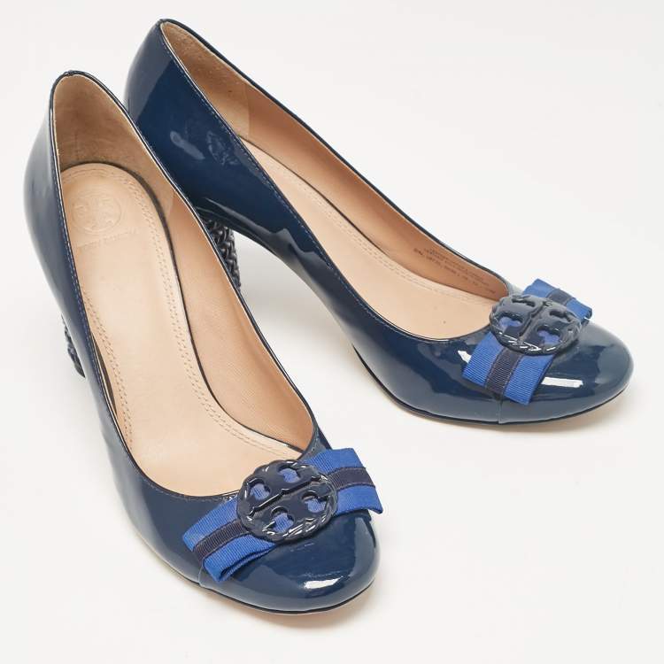 Pre Owned Tory Burch Blue Patent Leather Janey Block Heel Pumps Size 40