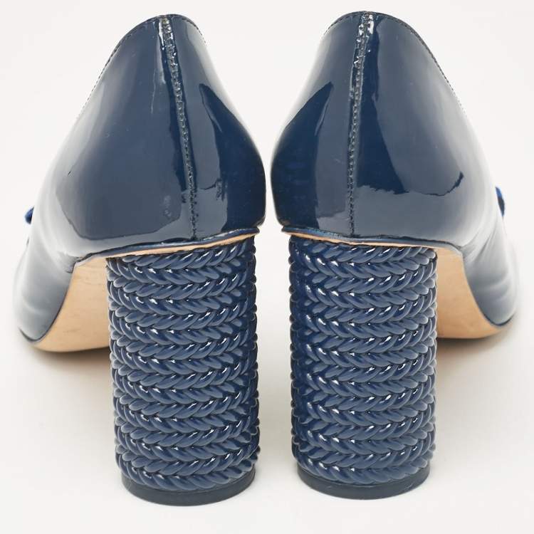 Pre Owned Tory Burch Blue Patent Leather Janey Block Heel Pumps Size 40
