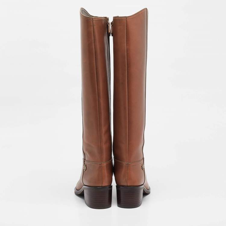 Pre Owned Tory Burch Brown Leather Knee Length Boots Size 37.5