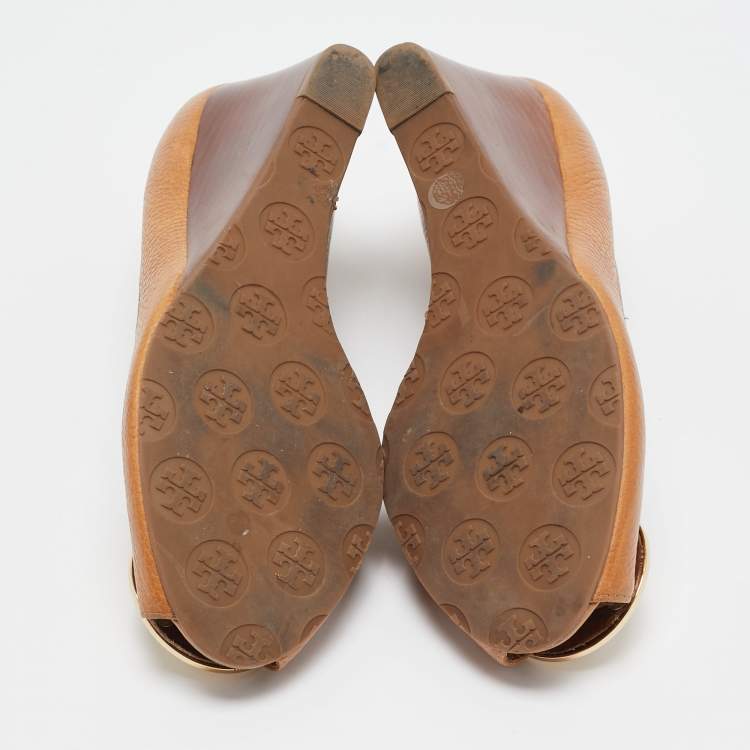 Pre Owned Tory Burch Brown Leather Sally 2 Wedge Pumps Size 39