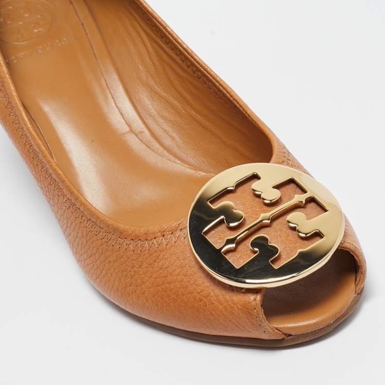 Pre Owned Tory Burch Brown Leather Sally 2 Wedge Pumps Size 39