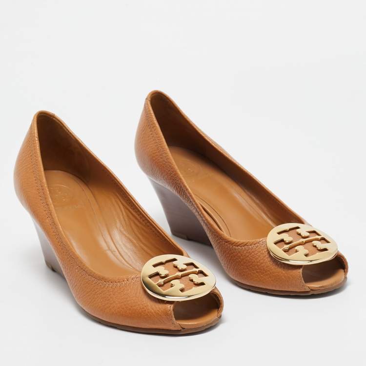 Pre Owned Tory Burch Brown Leather Sally 2 Wedge Pumps Size 39