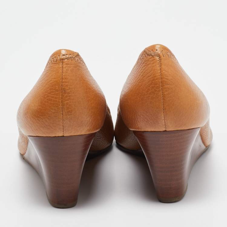 Pre Owned Tory Burch Brown Leather Sally 2 Wedge Pumps Size 39