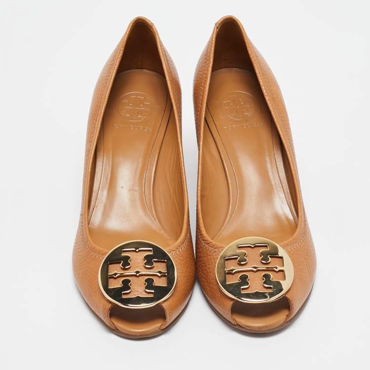 Pre Owned Tory Burch Brown Leather Sally 2 Wedge Pumps Size 39