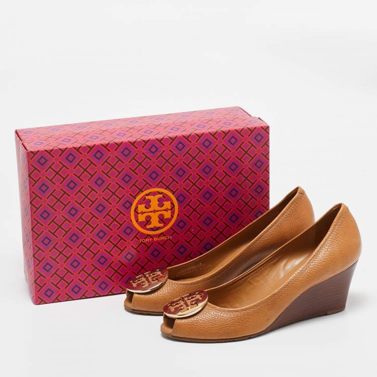 Pre Owned Tory Burch Brown Leather Sally 2 Wedge Pumps Size 39