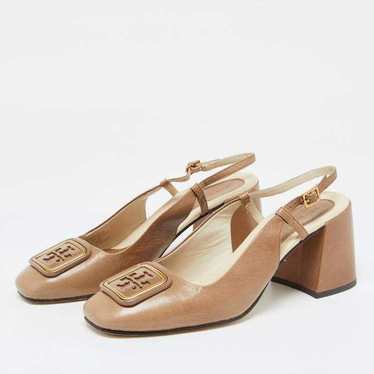 Pre Owned Tory Burch Brown Leather Georgia Slingback Pumps Size 38