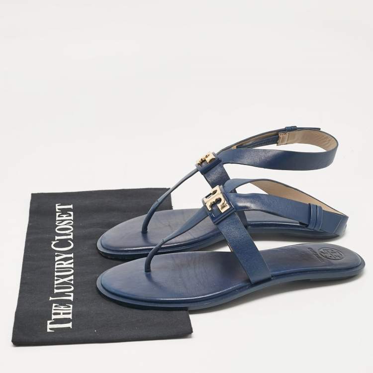 Pre Owned Tory Burch Navy Blue Leather Gigi Thong Flat Sandals Size 38.5