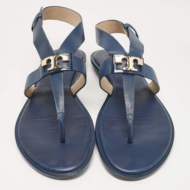 Pre Owned Tory Burch Navy Blue Leather Gigi Thong Flat Sandals Size 38.5