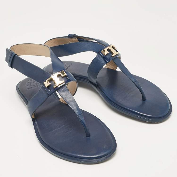Pre Owned Tory Burch Navy Blue Leather Gigi Thong Flat Sandals Size 38.5