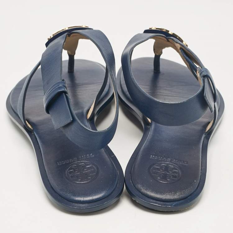Pre Owned Tory Burch Navy Blue Leather Gigi Thong Flat Sandals Size 38.5