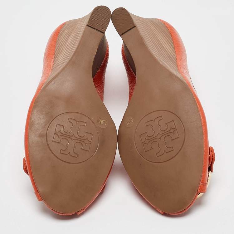 Pre Owned Tory Burch Orange Leather Wedge Sandals Size 37