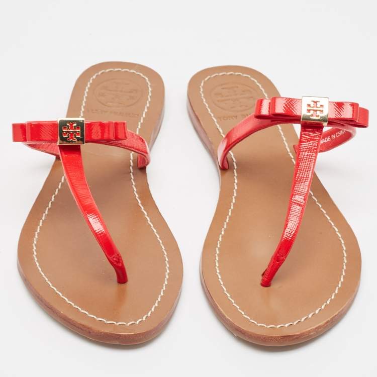 Pre Owned Tory Burch Red Patent Leather Flat Sandals Size 36.5