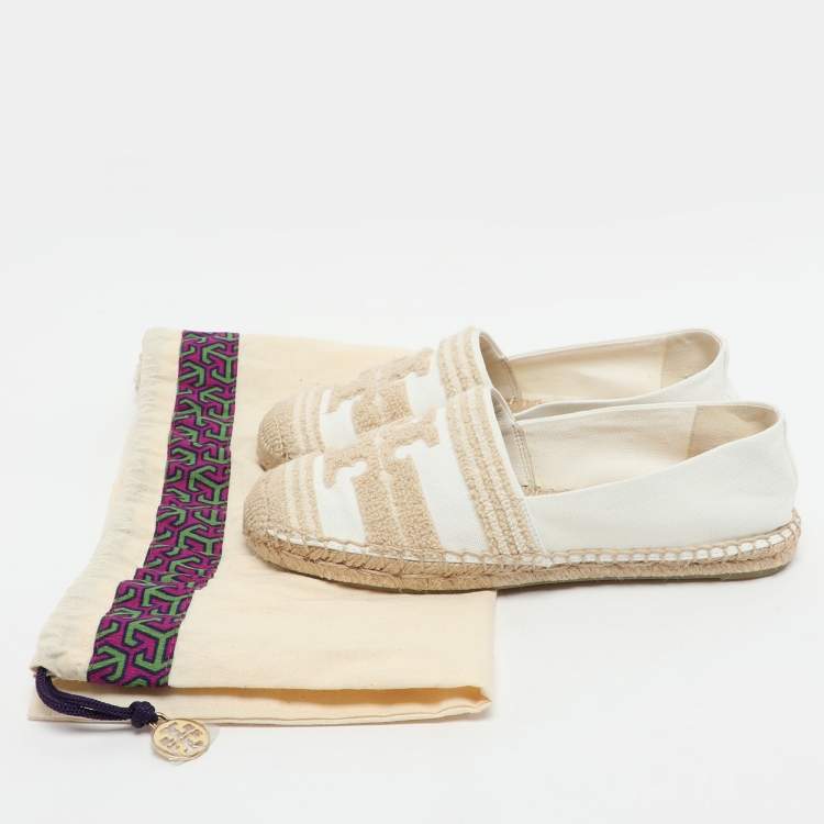 Pre Owned Tory Burch White Canvas Espadrille Flats Size 36.5