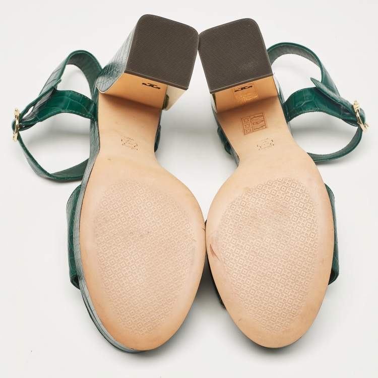 مملوكة مسبقًا Tory Burch Green Croc Embossed Leather Ankle Strap Sandals Size 39.5