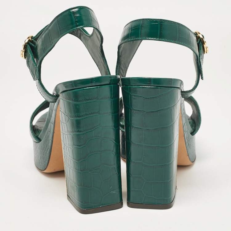 مملوكة مسبقًا Tory Burch Green Croc Embossed Leather Ankle Strap Sandals Size 39.5