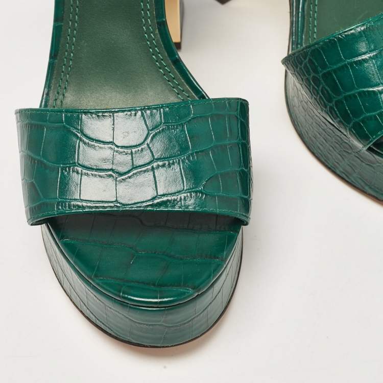 مملوكة مسبقًا Tory Burch Green Croc Embossed Leather Ankle Strap Sandals Size 39.5