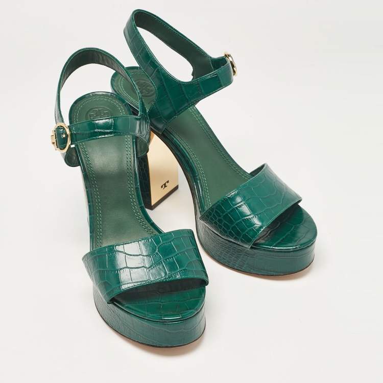 مملوكة مسبقًا Tory Burch Green Croc Embossed Leather Ankle Strap Sandals Size 39.5