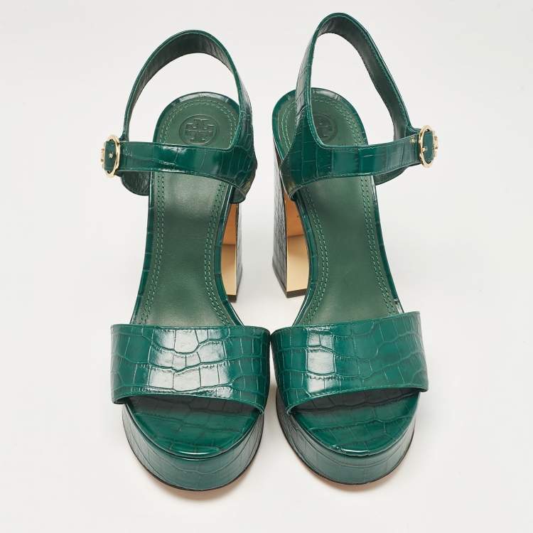 مملوكة مسبقًا Tory Burch Green Croc Embossed Leather Ankle Strap Sandals Size 39.5