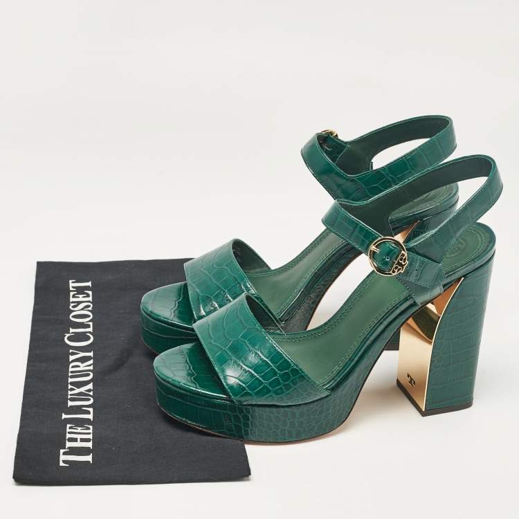 مملوكة مسبقًا Tory Burch Green Croc Embossed Leather Ankle Strap Sandals Size 39.5