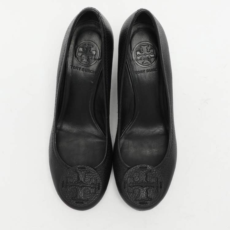 Pre Owned Tory Burch Black Leather Sally Wedge Pumps Size 36.5
