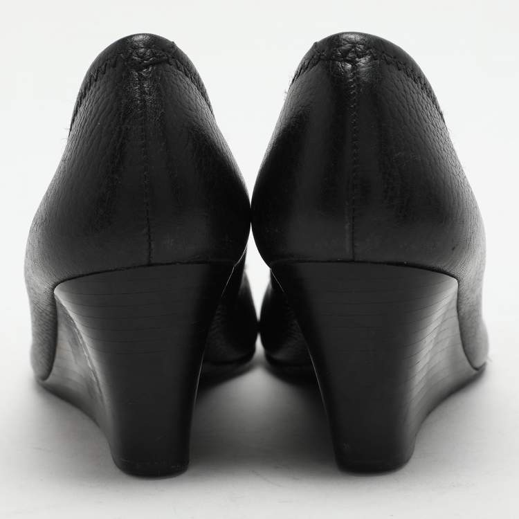 Pre Owned Tory Burch Black Leather Sally Wedge Pumps Size 36.5