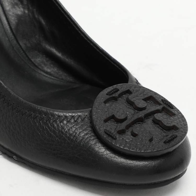 Pre Owned Tory Burch Black Leather Sally Wedge Pumps Size 36.5