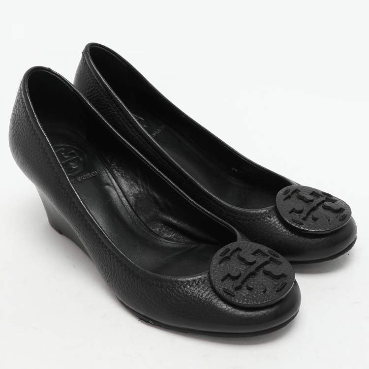 Pre Owned Tory Burch Black Leather Sally Wedge Pumps Size 36.5