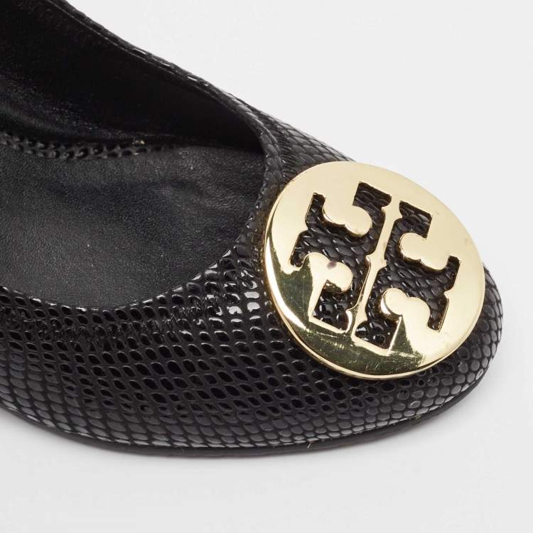 Pre Owned Tory Burch Black Textured Leather Sally Wedge Pumps Size 38.5