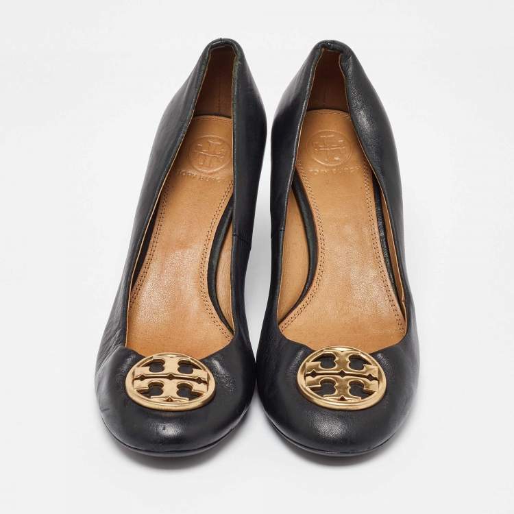 Pre Owned Tory Burch Black Leather Sally Wedge Pumps Size 37