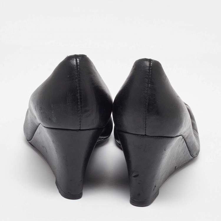 Pre Owned Tory Burch Black Leather Sally Wedge Pumps Size 37