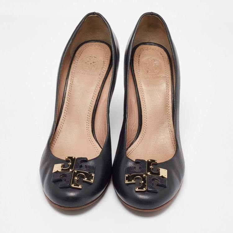 Pre Owned Tory Burch Black Leather Lowell Wedge Pumps Size 38.5