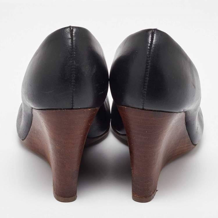 Pre Owned Tory Burch Black Leather Lowell Wedge Pumps Size 38.5