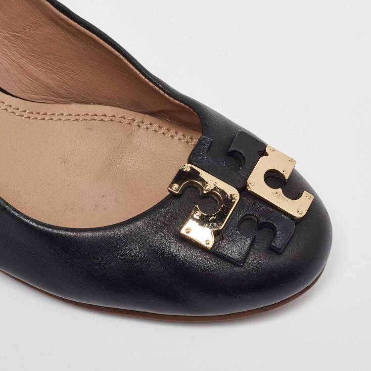 Pre Owned Tory Burch Black Leather Lowell Wedge Pumps Size 38.5