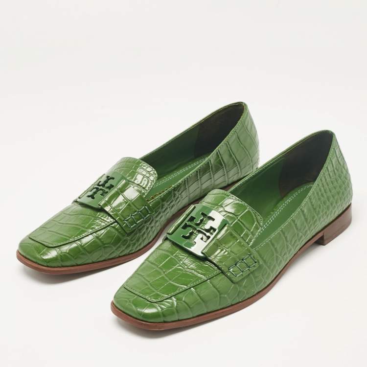 Pre Owned Tory Burch Green Croc Embossed Leather Georgia Loafers Size 38.5