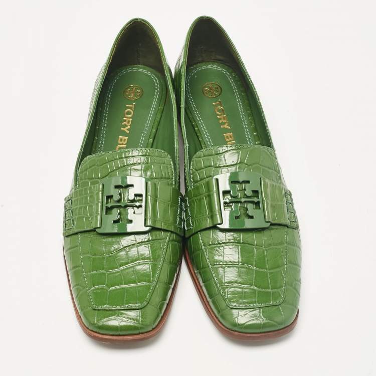 Pre Owned Tory Burch Green Croc Embossed Leather Georgia Loafers Size 38.5