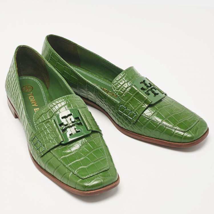 Pre Owned Tory Burch Green Croc Embossed Leather Georgia Loafers Size 38.5
