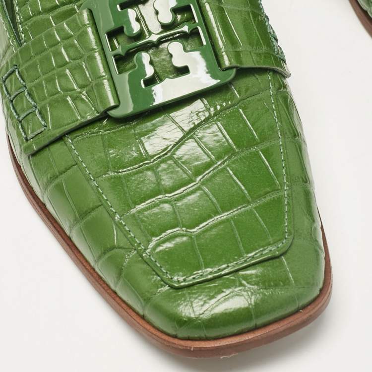 Pre Owned Tory Burch Green Croc Embossed Leather Georgia Loafers Size 38.5