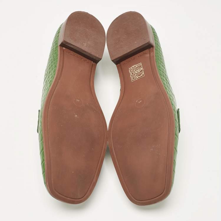 Pre Owned Tory Burch Green Croc Embossed Leather Georgia Loafers Size 38.5