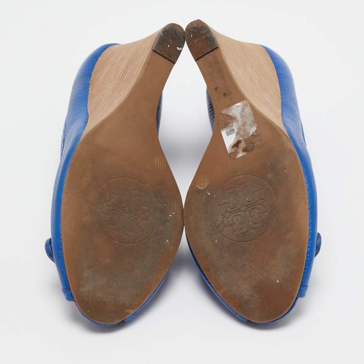 Pre Owned Tory Burch Blue Leather Amanda Wedge Pumps Size 41.5