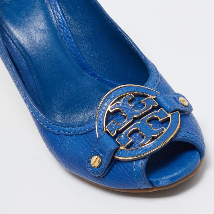 Pre Owned Tory Burch Blue Leather Amanda Wedge Pumps Size 41.5