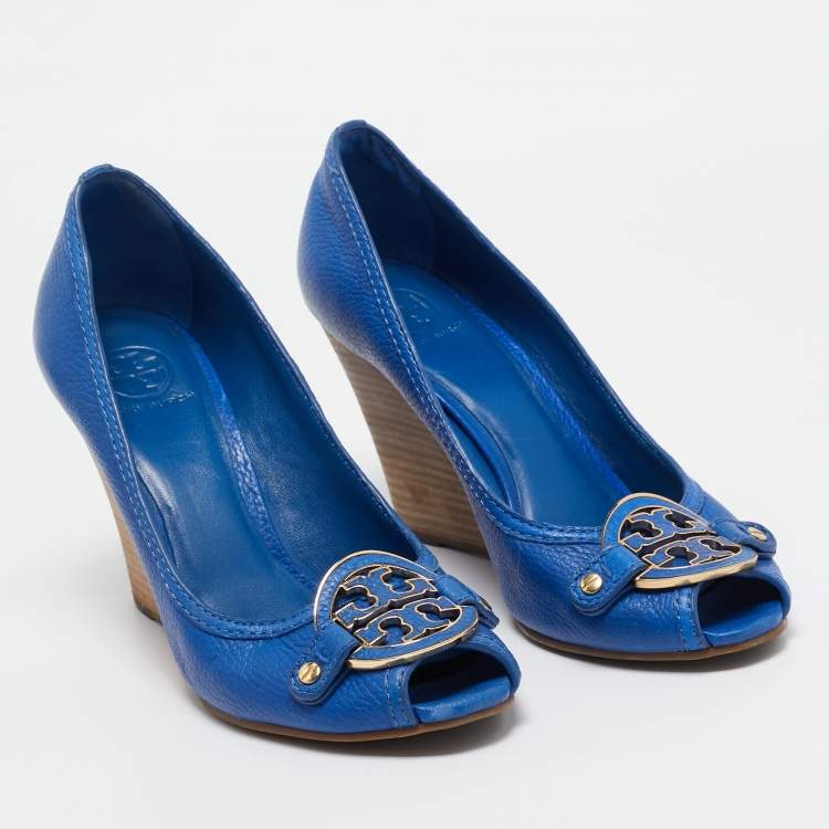 Pre Owned Tory Burch Blue Leather Amanda Wedge Pumps Size 41.5