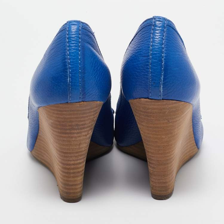Pre Owned Tory Burch Blue Leather Amanda Wedge Pumps Size 41.5